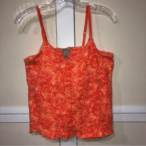 #1097 B.Y.B.B. By Susan Lawrence Strap tank top, yellow palm leaves on Orange Lg
